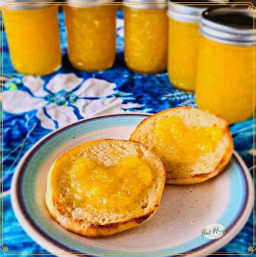 mango freezer jam on an English muffin