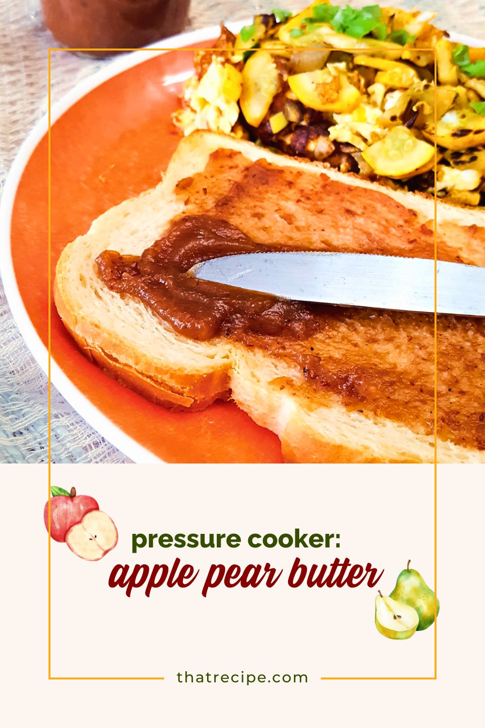 knife spreading apple butter on a piece of toast