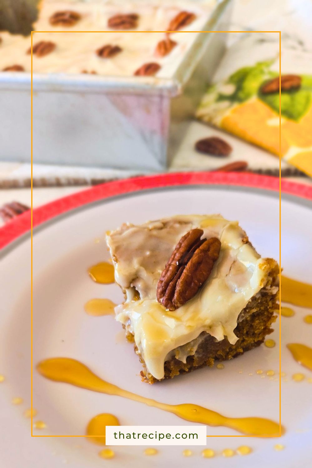 Frosted pecan blondies on a plate