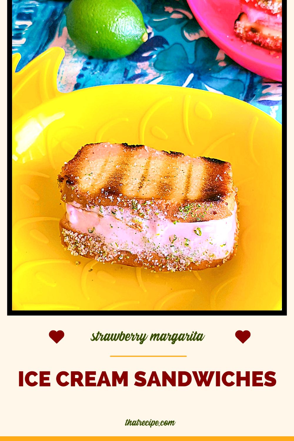 ice cream sandwich in a bowl with text overlay "strawberry margarita ice cream sandwiches"