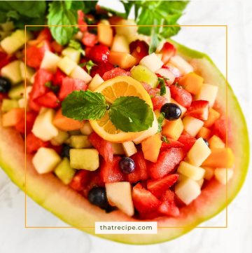 fruit salad in a watermelon rind bowl