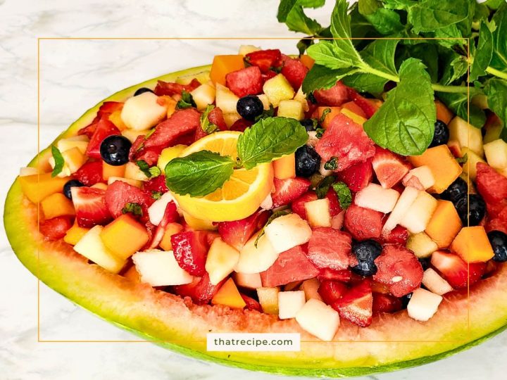 fruit salad in a watermelon rind bowl