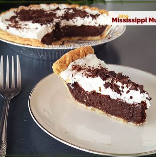 slice of chocolate pie with whipped cream on a plate with text overlay "easy Mississippi Mud Pie"