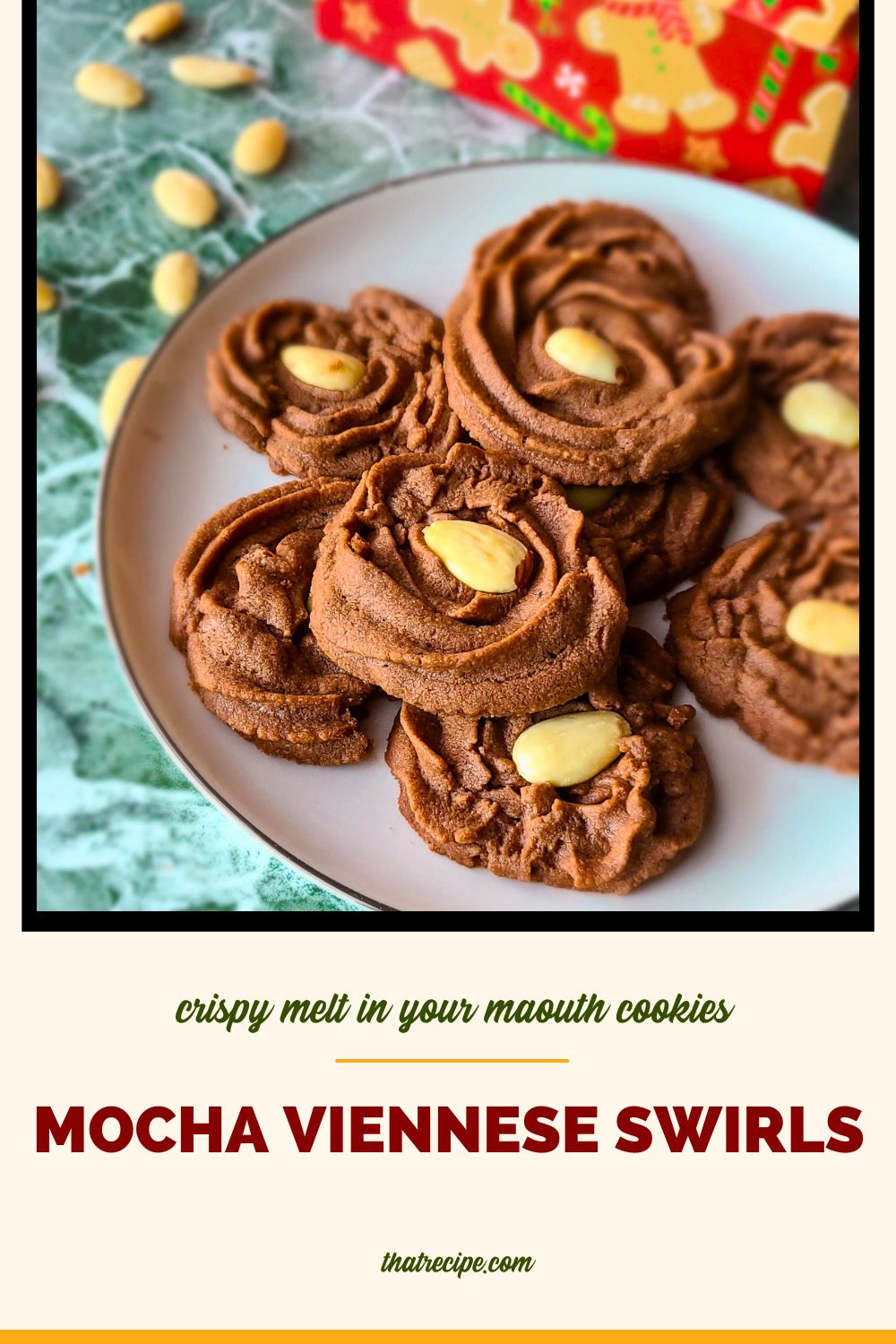 chocolate swirl cookies topped with almonds with text "mocha Viennese swirls"