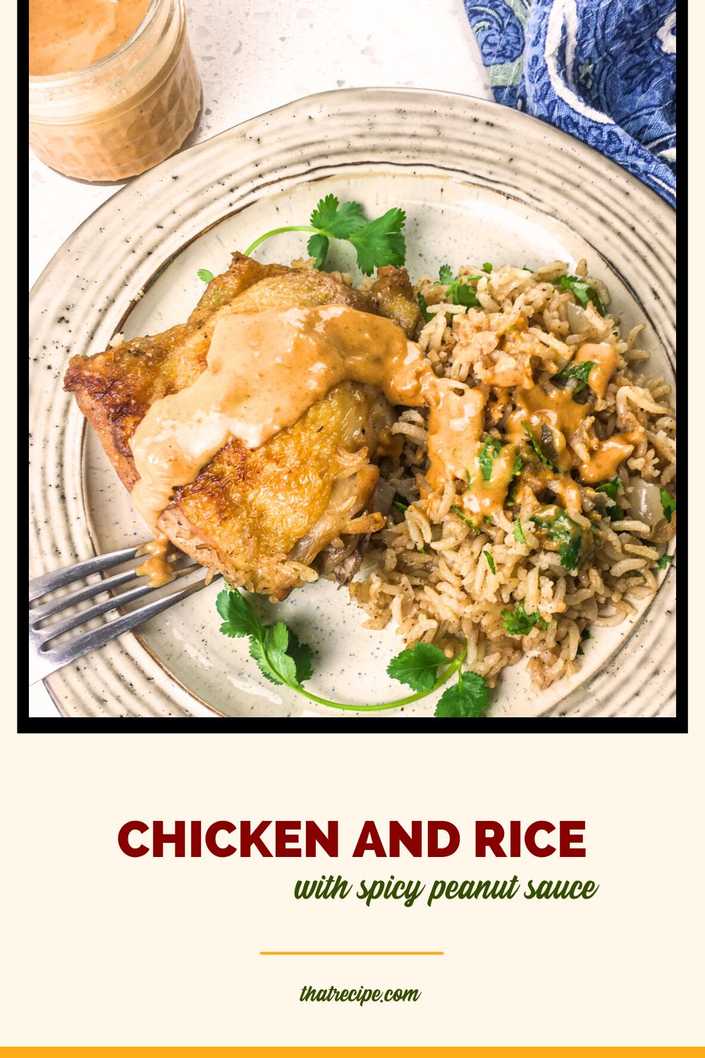 chicken and rice on a plate with text overlay "chicken and rice with spicy peanut sauce"