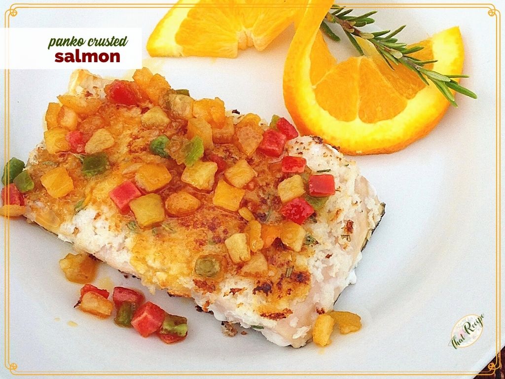 salmon topped with candied orange peel and text overlay "panko crusted salmon"