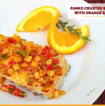 salmon topped with candied orange peel and text overlay "panko crusted salmon"