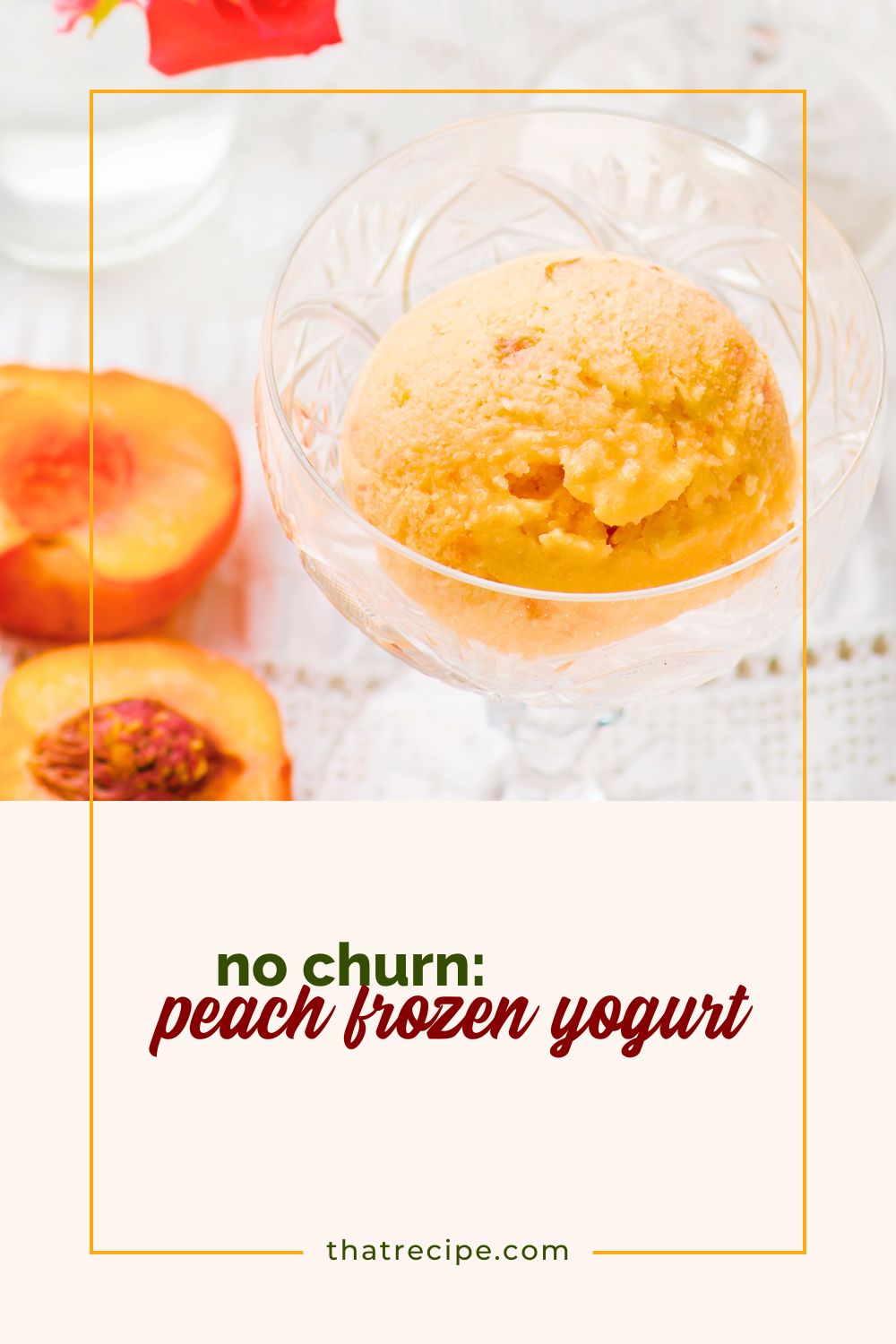 bowl of peach frozen yogurt and fresh peaches