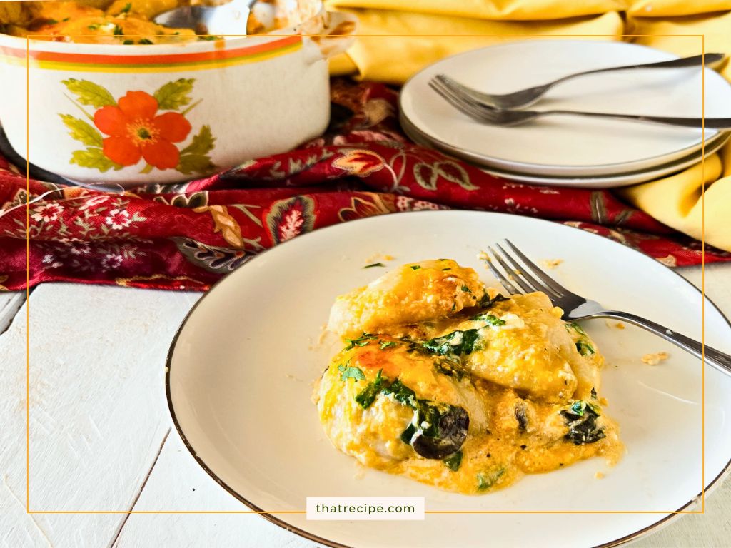 spinach mushroom pierogi casserole on a plate