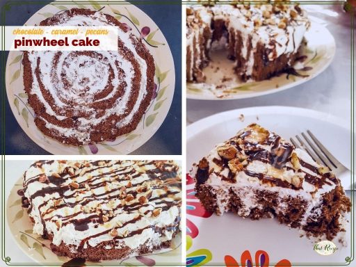 Collage of chocolate pinwheel cake images with text overlay "chocolate - caramel - pecan pinwheel cake"