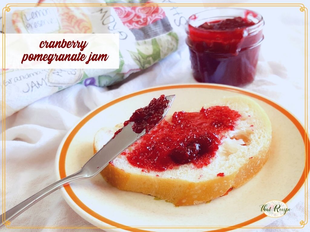 jam on toast with text overlay cranberry pomegranate jam"