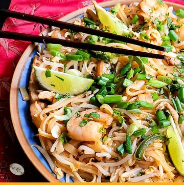 top down view of noodles with shrimp
