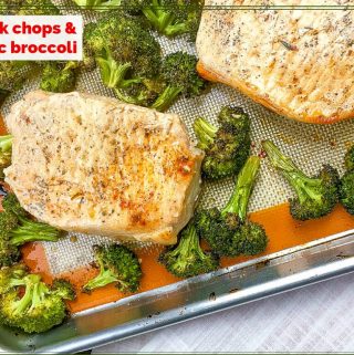 roasted pork chops and broccoli on a sheet pan.