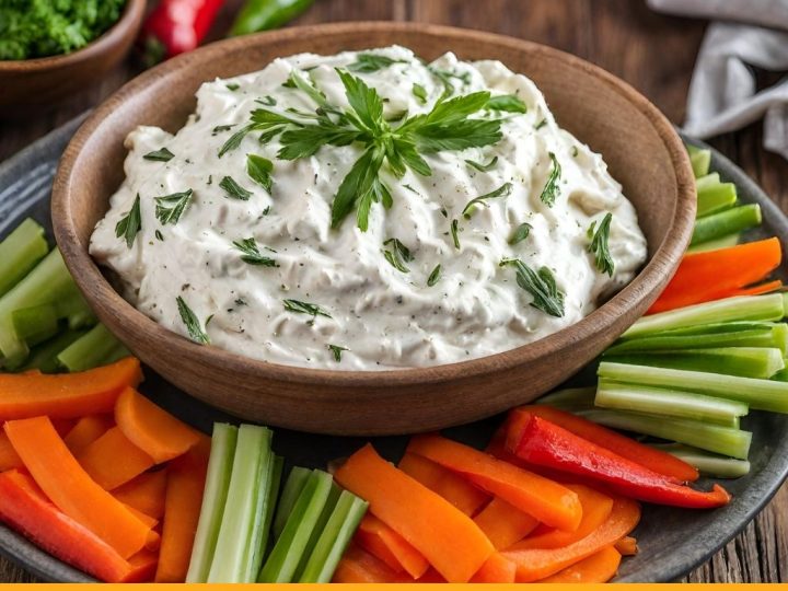 vegetables on a plate with ricotta herb dip