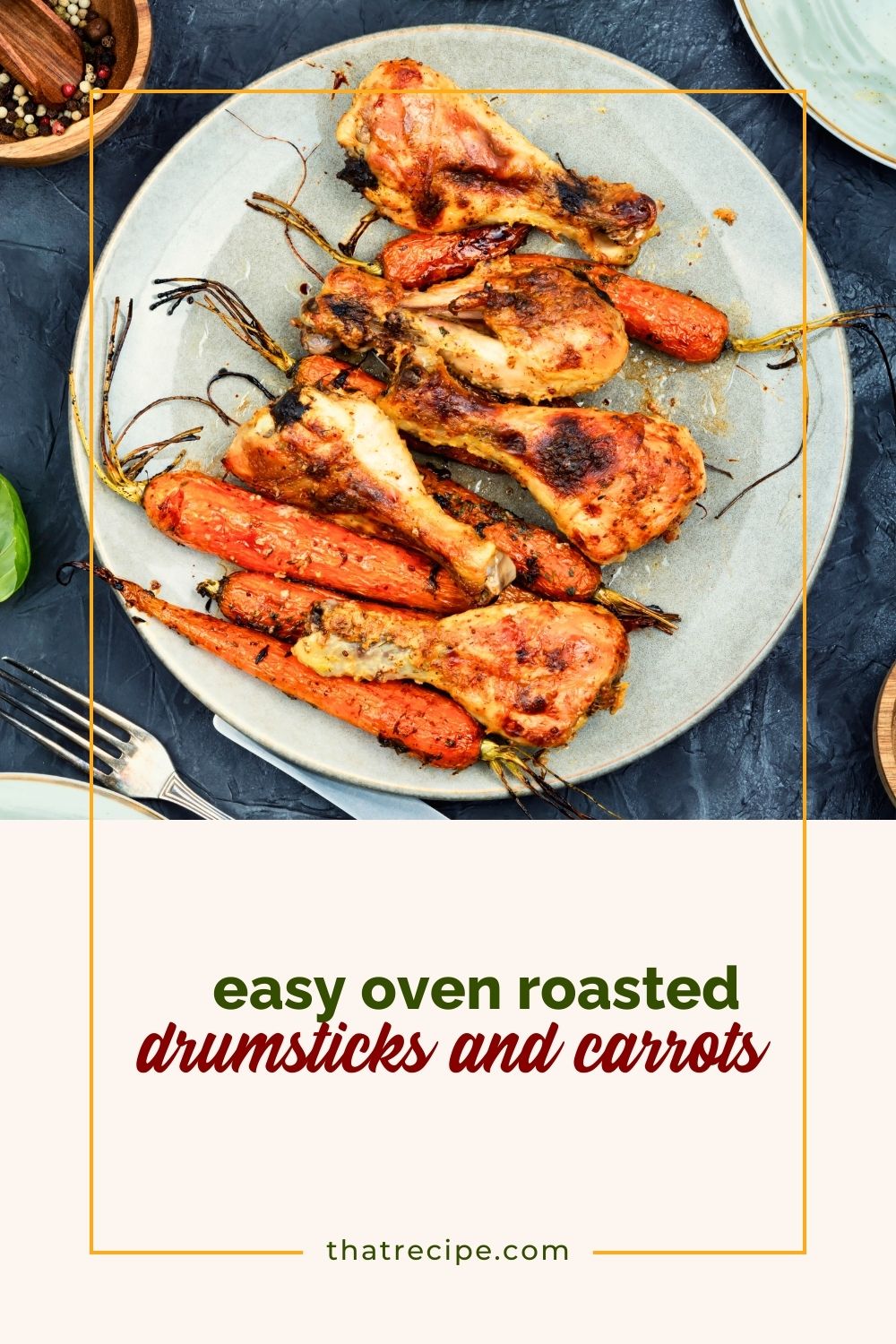 top down view of roasted drumsticks and carrots