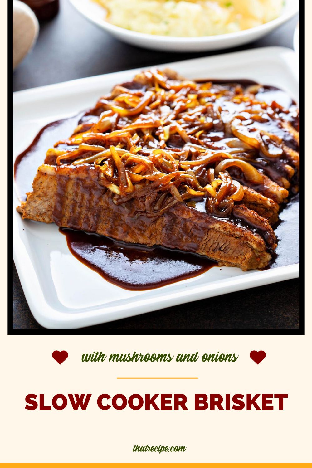 brisket with mushroom and onion gravy on a plate 