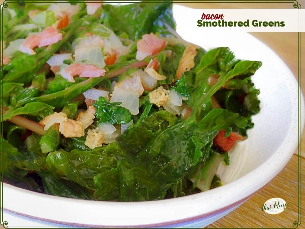 bowl of turnip greens with bacon and onions