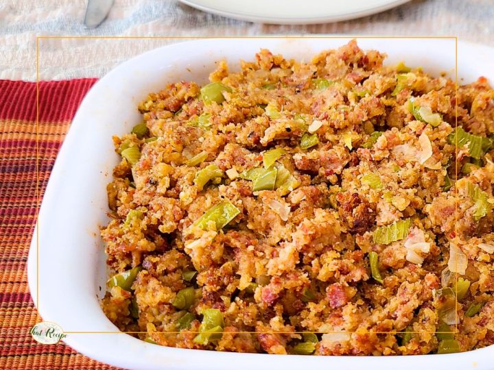 top down view of stuffing in a casserole dish