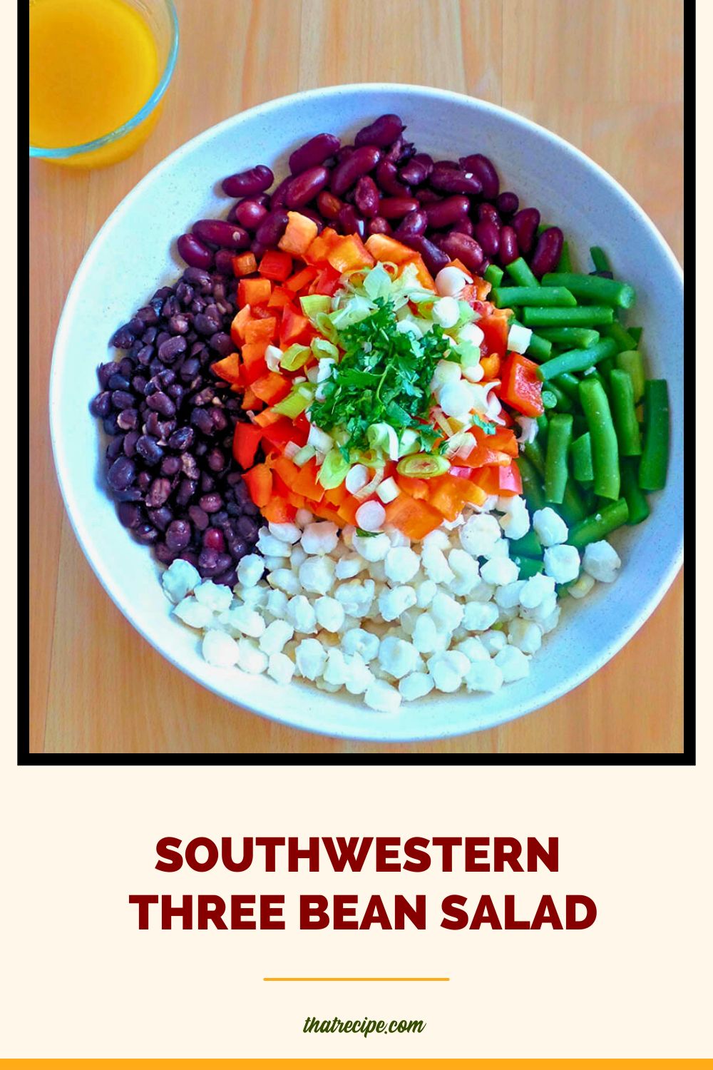 top down view of southwestern three bean salad with chipotle lime dressing