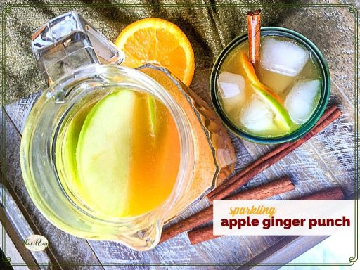 top down view of pitcher and glass filled with punch and text overlay "sparkling apple ginger punch"