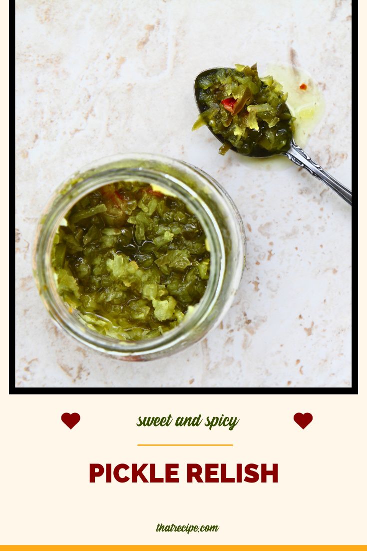 top down view of pickle relish in a glass jar and on a spoon