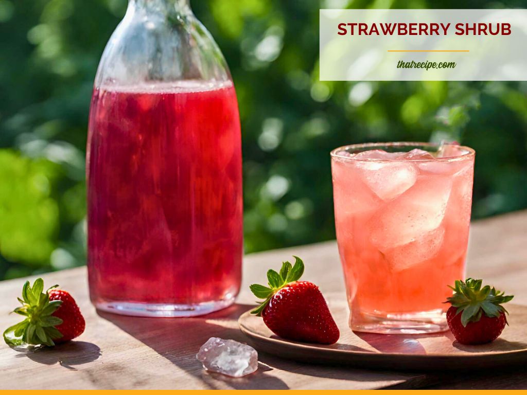 bottle of strawberry syrup and a drink on a table with text strawberry shrub
