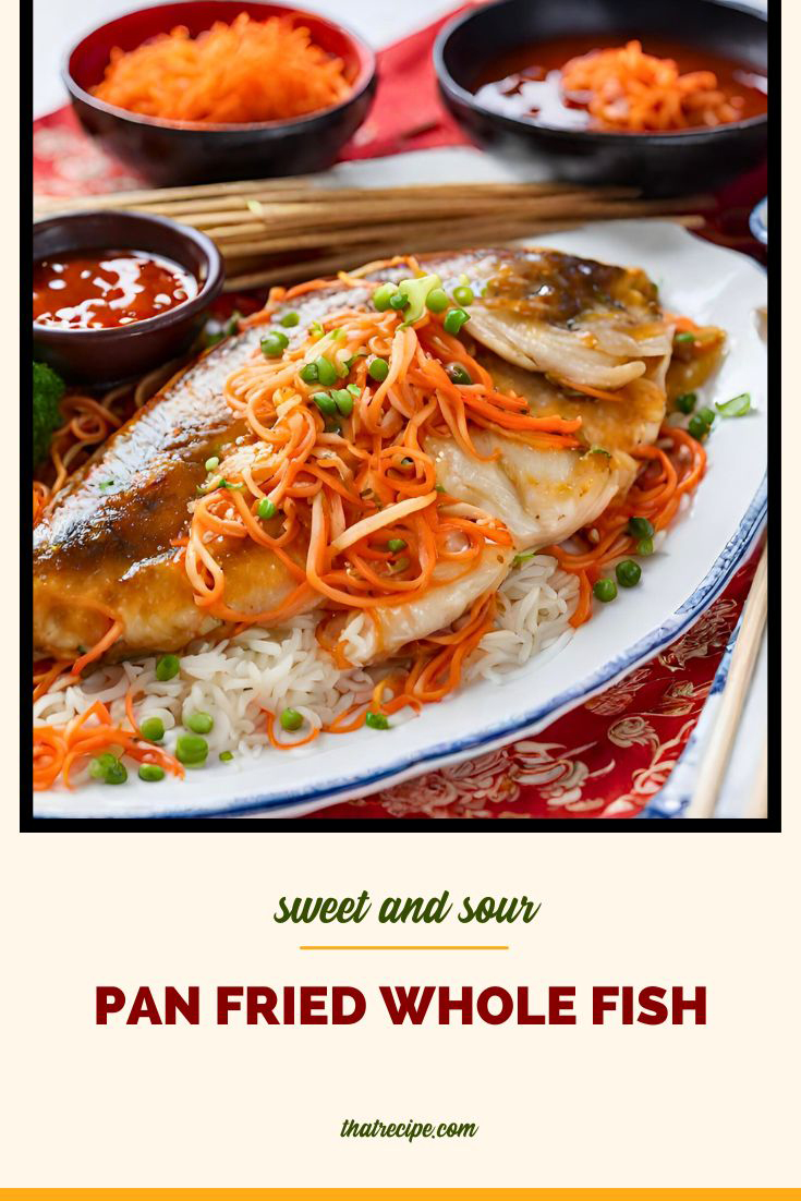 whole fish on a plate with text overlay "Pan Fried Sweet and Sour Fish"
