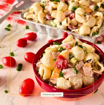 turkey club macaroni salad in a bowl