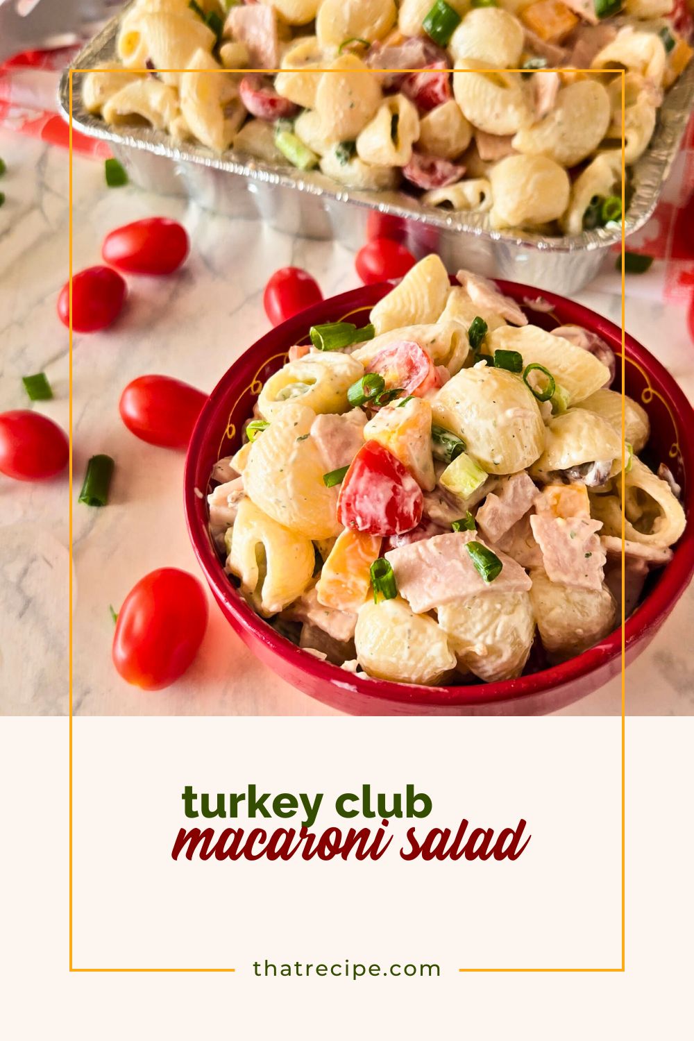 turkey club macaroni salad in a bowl