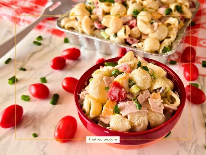 turkey club macaroni salad in a bowl