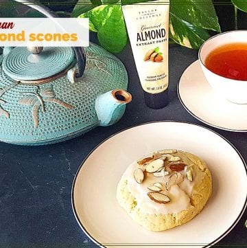 almond scones on a cooling rack with text overlay "vegan almond scones"