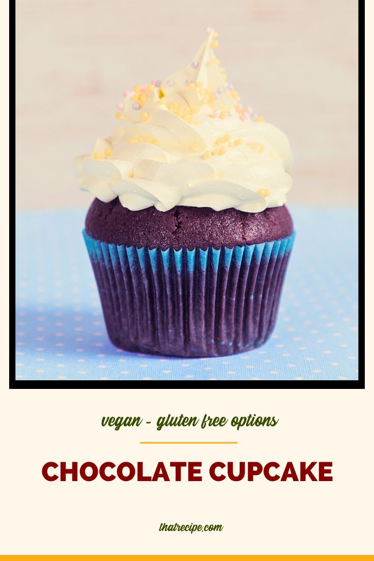 chocolate cupcake with vanilla icing and sprinkles and text overlay vegan gluten free chocolate cupcakes