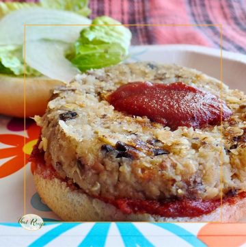 vegetarian burger on a bun topped with barbecue sauce