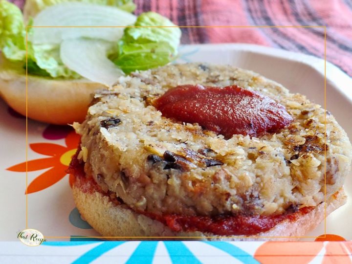 vegetarian burger on a bun topped with barbecue sauce
