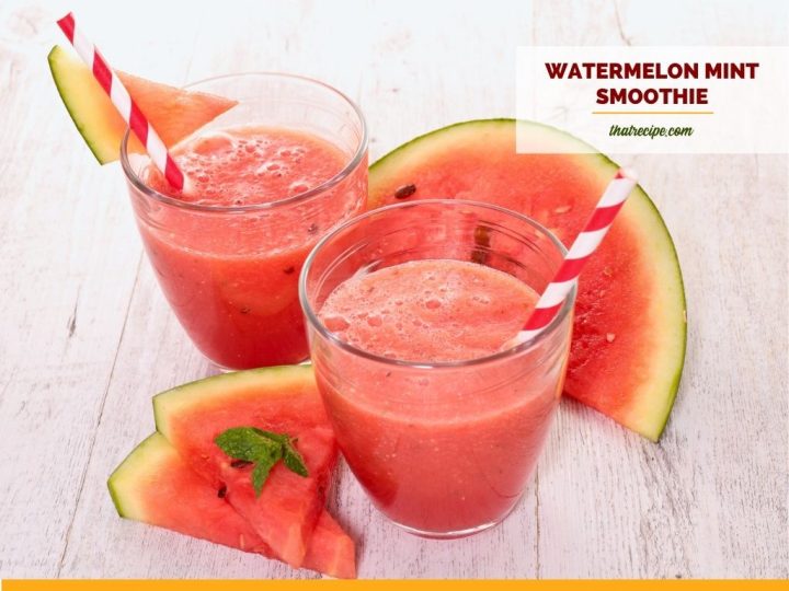 two glasses of watermelon smoothies with watermelon slices with text overlay "watermelon mint smoothie"