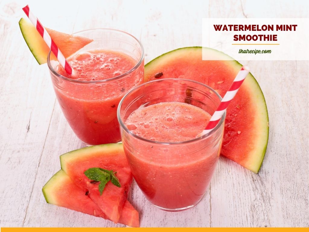two glasses of watermelon smoothies with watermelon slices with text overlay "watermelon mint smoothie"