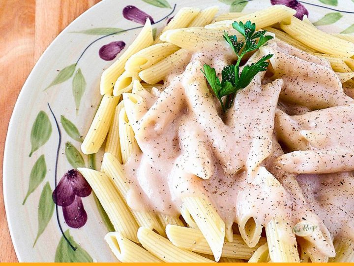 Top down view of penne pasta and alfredo sauce