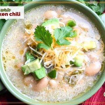 top down view of a bowl of white chicken chili