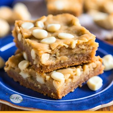 white chocolate macadamia blondies on a plate