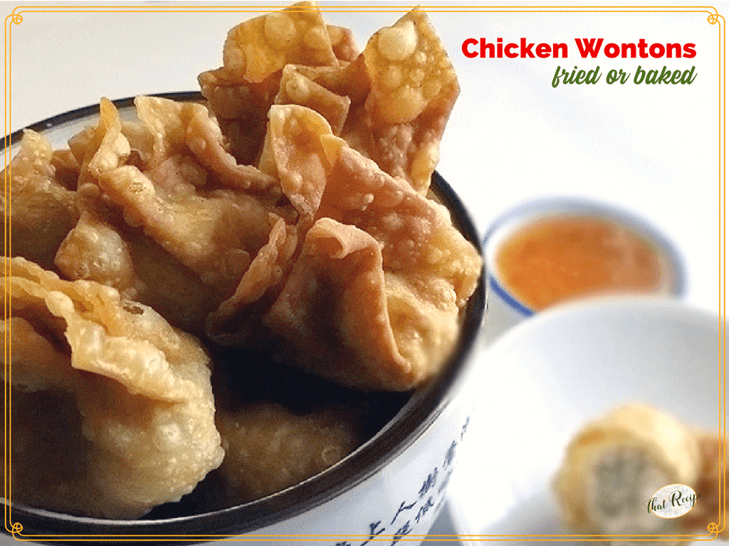 chicken wontons in a bowl with sauce and text overlay