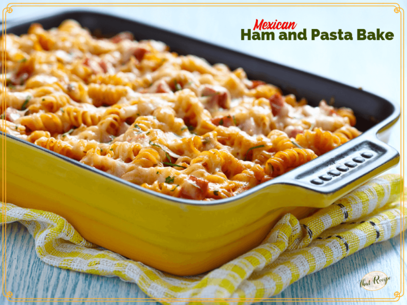 ham and pasta bake in a casserole dish