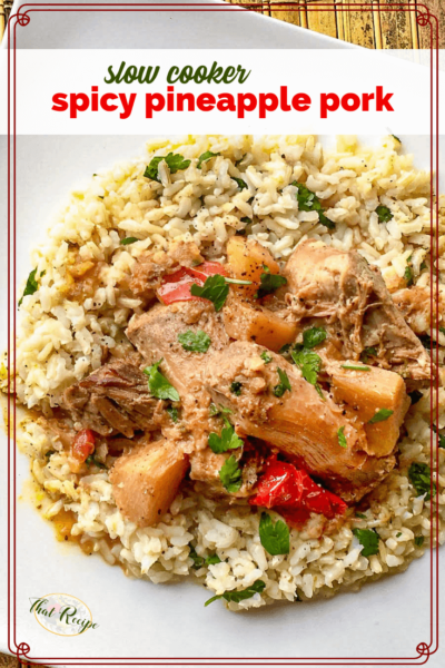 Rice topped with spicy pineapple pork on a square plate