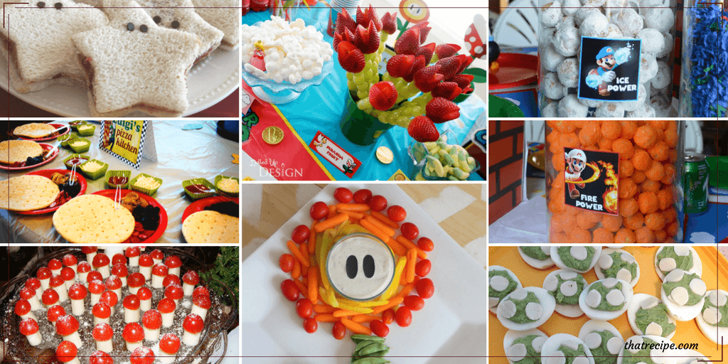 collage of Super Mario themed snacks